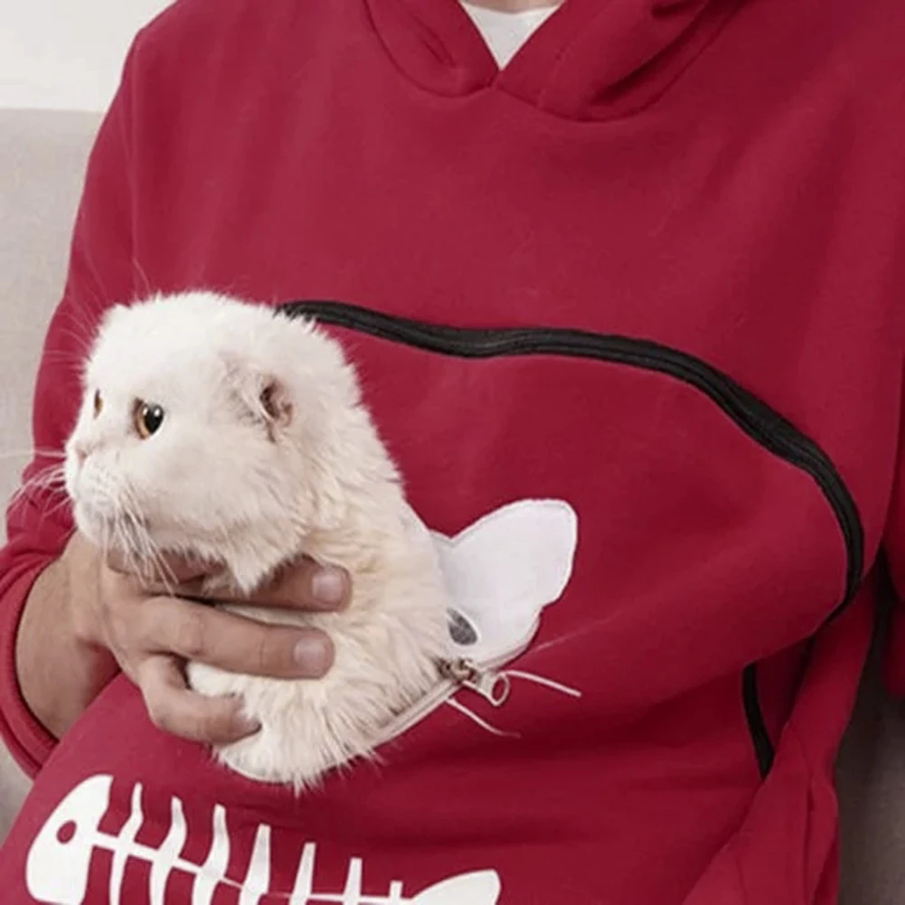 Women Long Sleeve Kangaroo Pouch Cats Fish Print Hoodie Pet cats Holder pocket Sweatshirt Dropshipping female Plus size Hoodie