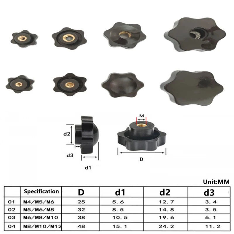 1/5pcs  M4 M5 M6 M8 M10 M12 Female Thread Star Knob Handles  Shaped Perforated / No Perforated Clamping Nuts Knobs