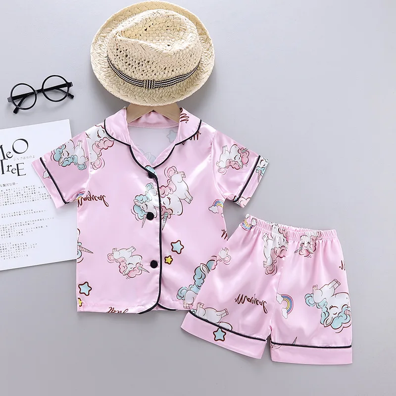 Kids Pajamas Set Silk Satin Pajamas Boys Girls Unicorn Print Pyjamas Short Sleeve Blouse Tops+Shorts Underwear & Sleepwears