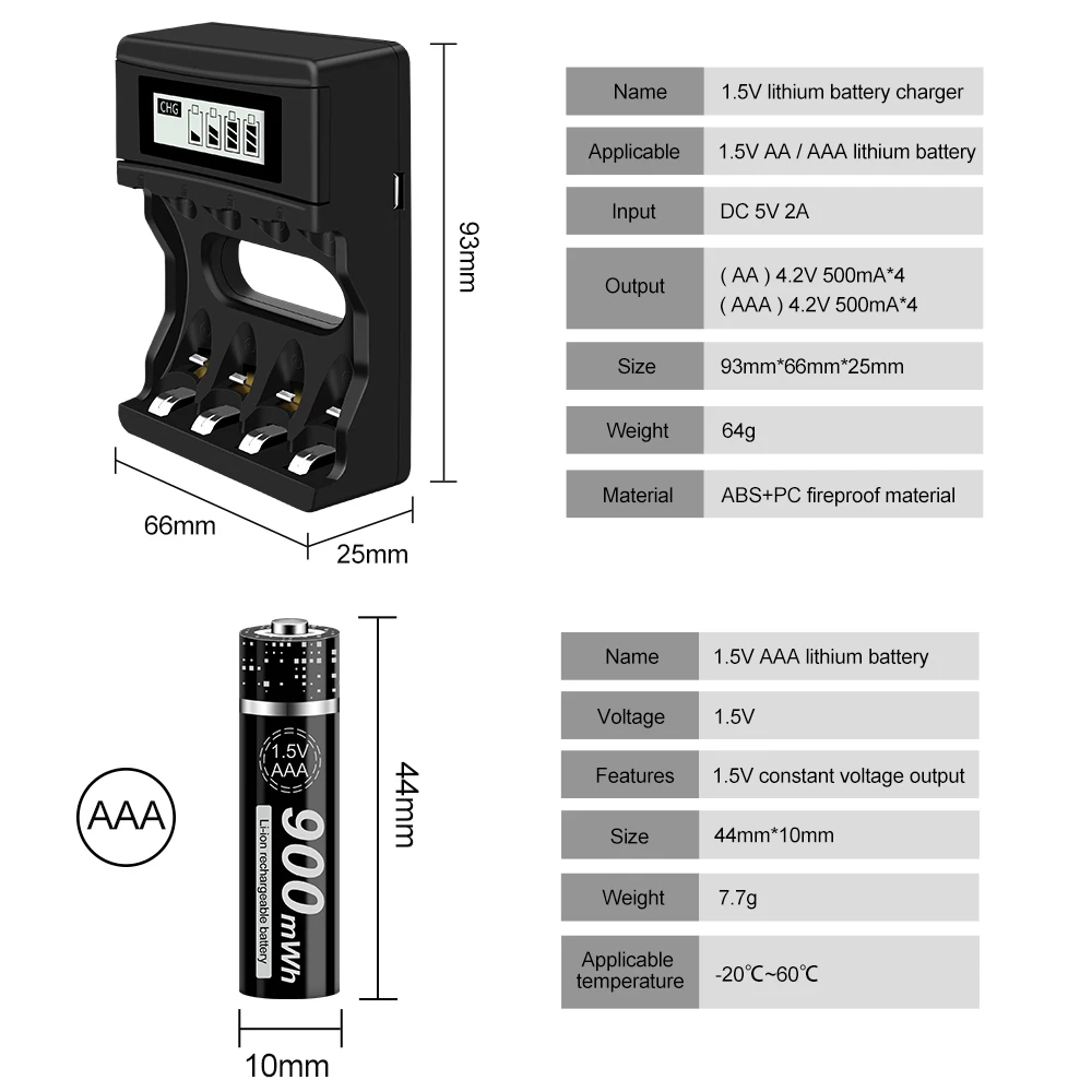 PALO 1.5 V litowo-jonowy akumulator AAA wstępnie naładowany 1.5 woltów akumulator z ładowarką litowy AAA do zabawek/masażera/mikrofonu