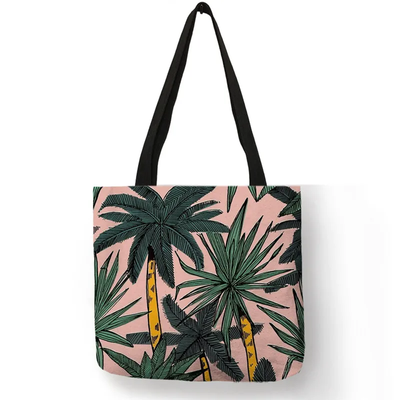 B13037 Tropical Green Plant Printed Women Handbag Reusable Shopping Bag Large Capacity