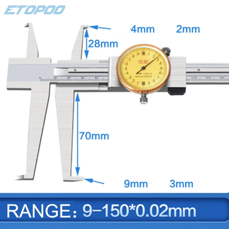 Knife-point Inside Groove 9-150mm Dial Caliper Stainless Steel Long Claws Inner Vernier Calipers Measuring Tools inside caliper