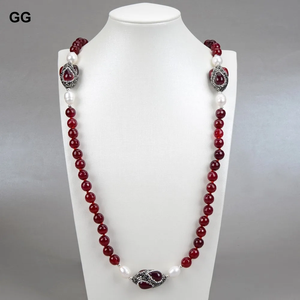 GuaiGuai Jewelry Natural Cultured White Rice Pearl Fuchsia Agate Sweater Chain Station Long Necklace Bracelet Earrings Sets