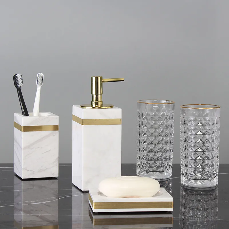 Bathroom Accessories Marble Soap Dispensers/Dish Toothbrush Holder Gargle Cups Tray Wedding Gifts Gold Head White Sales By Piece