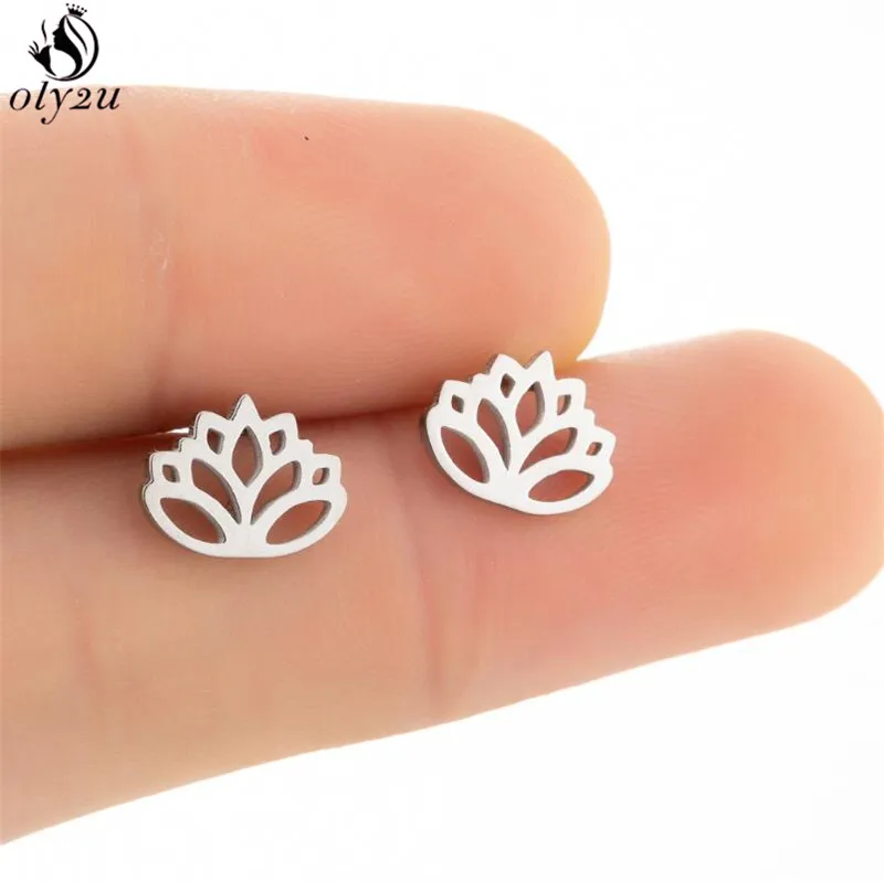 Bohemia Small Lotus Flower Earrings for Women Girls Black Stainless Steel Plant Flower of Life Stud Earring Jewelry pendientes