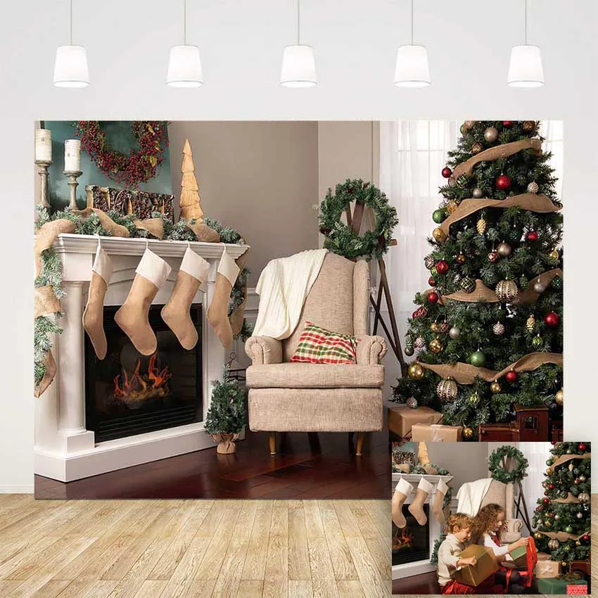 Photography backdrop Christmas fireplace background for photo studio Christmas tree Beige socks Wreath newborn photographic prop