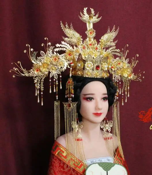 

Chinese Queen Hat Tang Dynasty Phoenix Crown Luxury Hanfu Headwear Metal Gold Stage Wedding