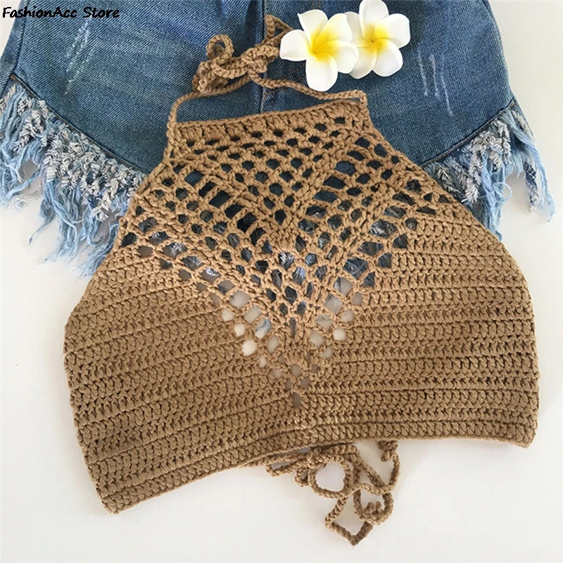 2022 Crochet Knit Bikini Bra Beach Summer Short Vest Sexy Hollow Out Female Swimwear Solid Bikini