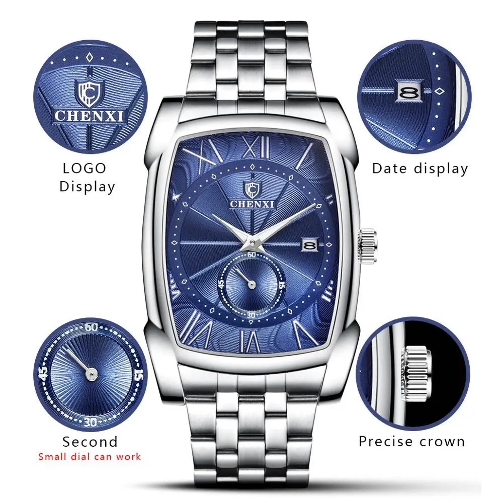 2021 CHENXI Men\'s Watches Fashion Casual Rectangle Watches Men Stainless Steel Chronograph Quartz Wristwatches Business Watch