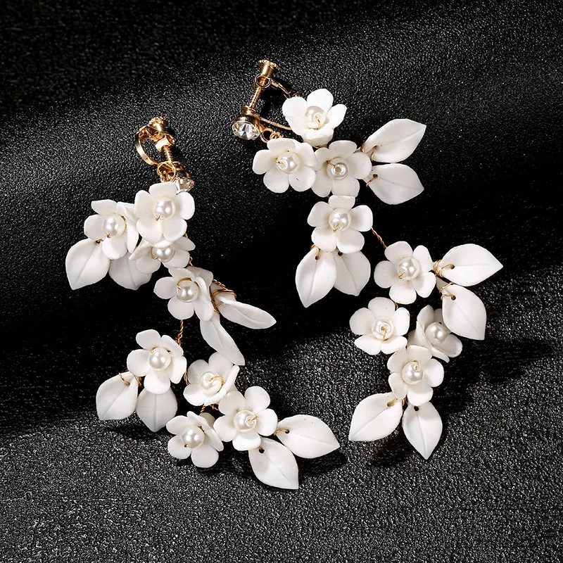 Handmade white leaf ceramic flower pearl bridal romantic ear clip earrings, women’s prom wear earrings and hair accessories