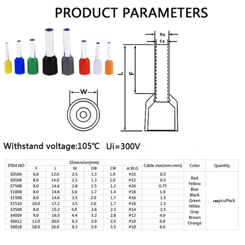 100pcs/Pack E0508 E7508 E1008 E1508 E2508 Insulated Ferrules Terminal Block Cord End Wire Connector Electrical Crimp Terminator