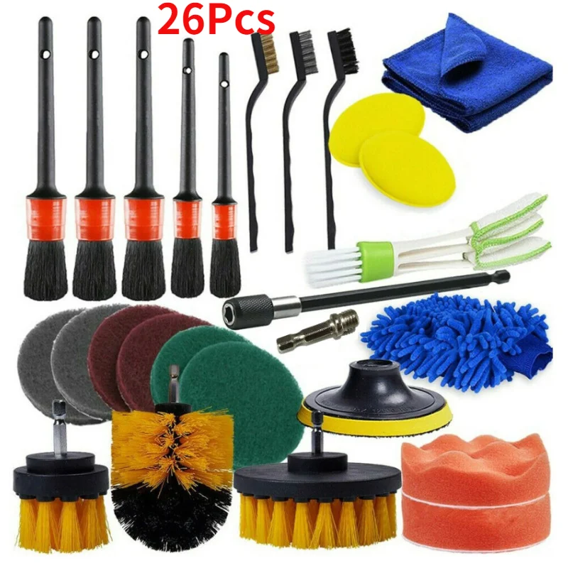 26Pcs Car Detailing Brush Drill Brushes Detail Brush Set For Air Vents Wheel Rim Clean Auto Cleaning Brush Car Cleaning Tools