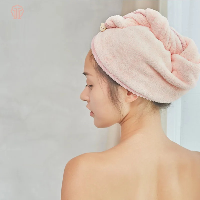 Lovely Bear Coral Velvet Dry Hair Bath Towel Microfiber  Drying Turban Super Absorbent Women Hair Cap Wrap with Button