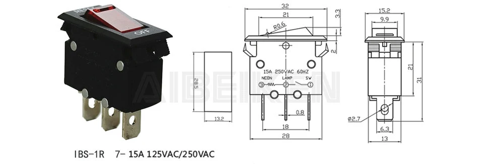 5-20A Plastic Red Lamp Illuminated 3Pins Reset Rocker Overload Protector Switch Thermal Circuit Breaker