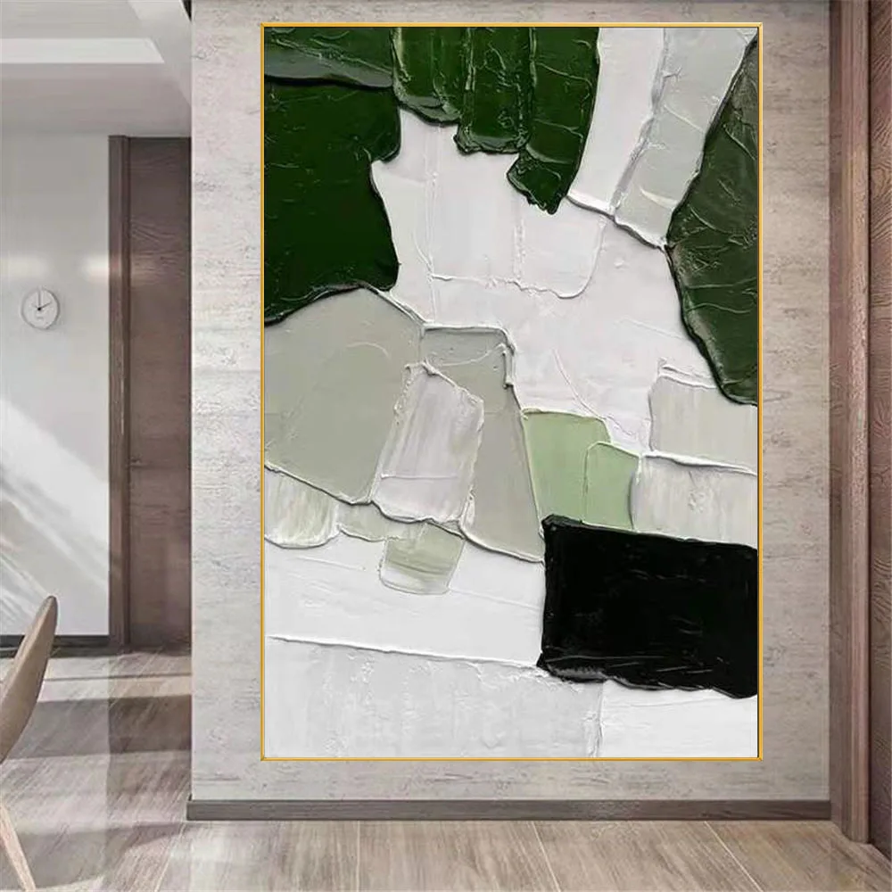 

Hand-painted oil painting home decoration hanging painting green off-white thick oil texture canvas painting wall painting porch