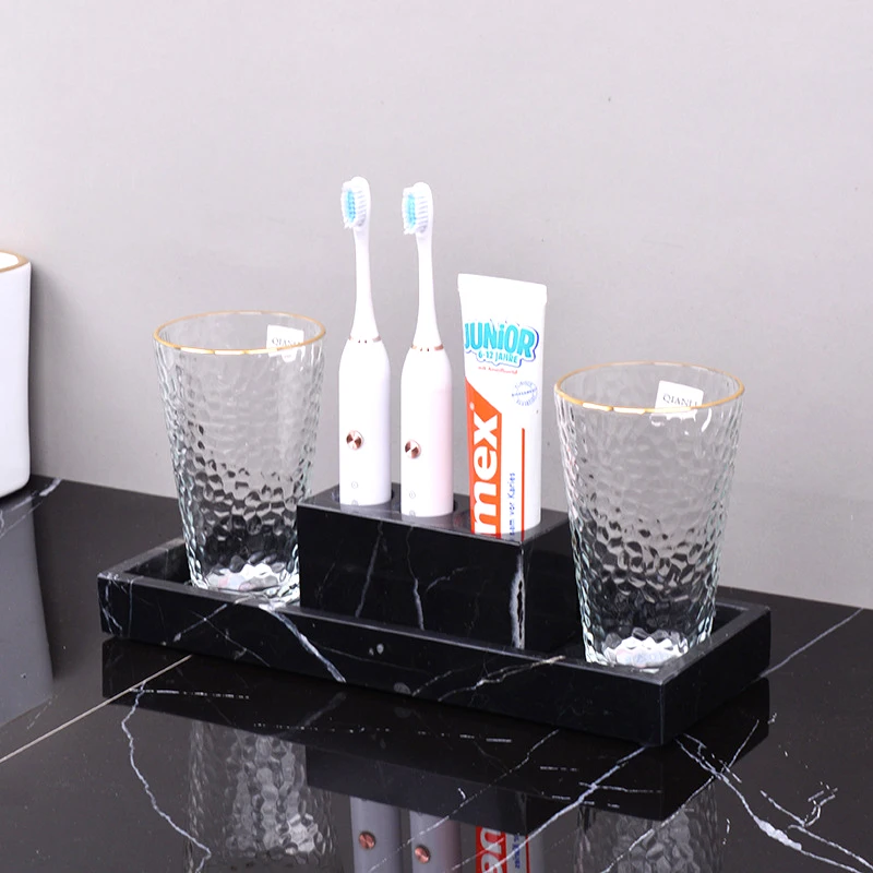 Nero Marquina Black Natural Marble Bathroom Accessories Sets Luxury Soap Dispenser Cups Tray Bathroom Kit