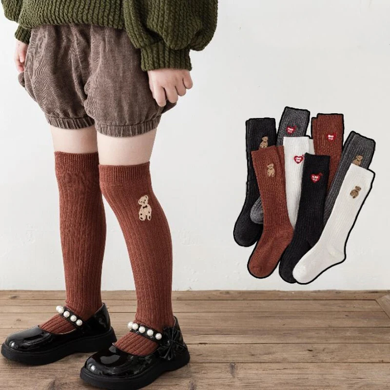 Fashion Kids Girls Knee High Socks Cartoon Bear Embroidery Cotton Socks For Girls Long Tube Sock Children School Socks 1-8Years