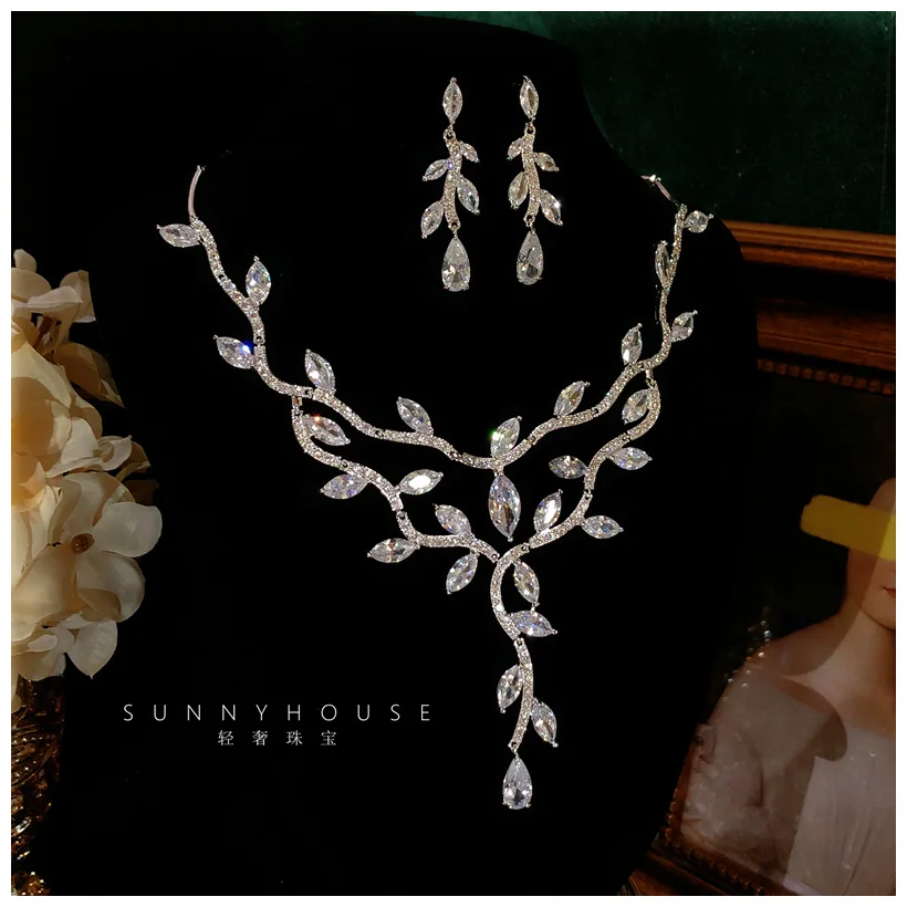 Leaf Shape Jewelry Sets For Women Shine White Cubic Zircon S925 Sterling Necklace Earring Set Party Wedding Accessories