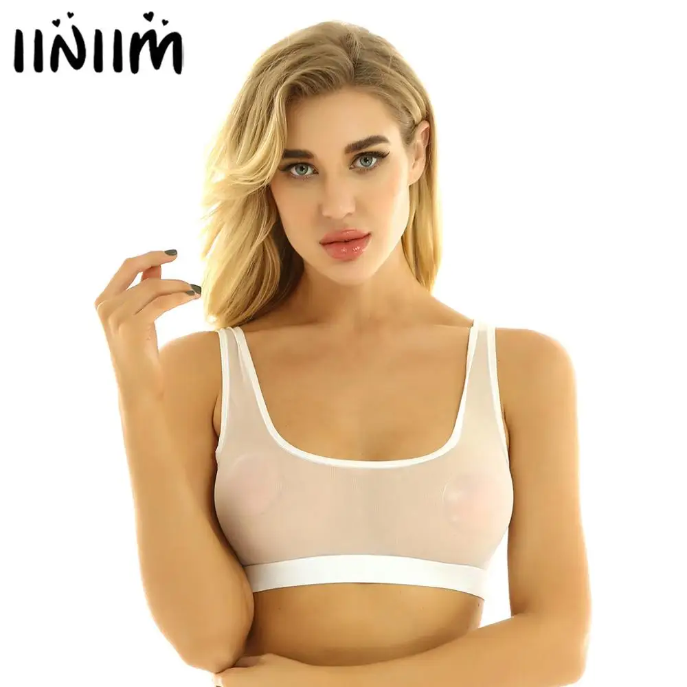 

iiniim Womens Sexy Lingerie Camis Bedtime See Through Mesh Bralette bra Deep U Neck Vest Tank Femme Transparent Crop Tops