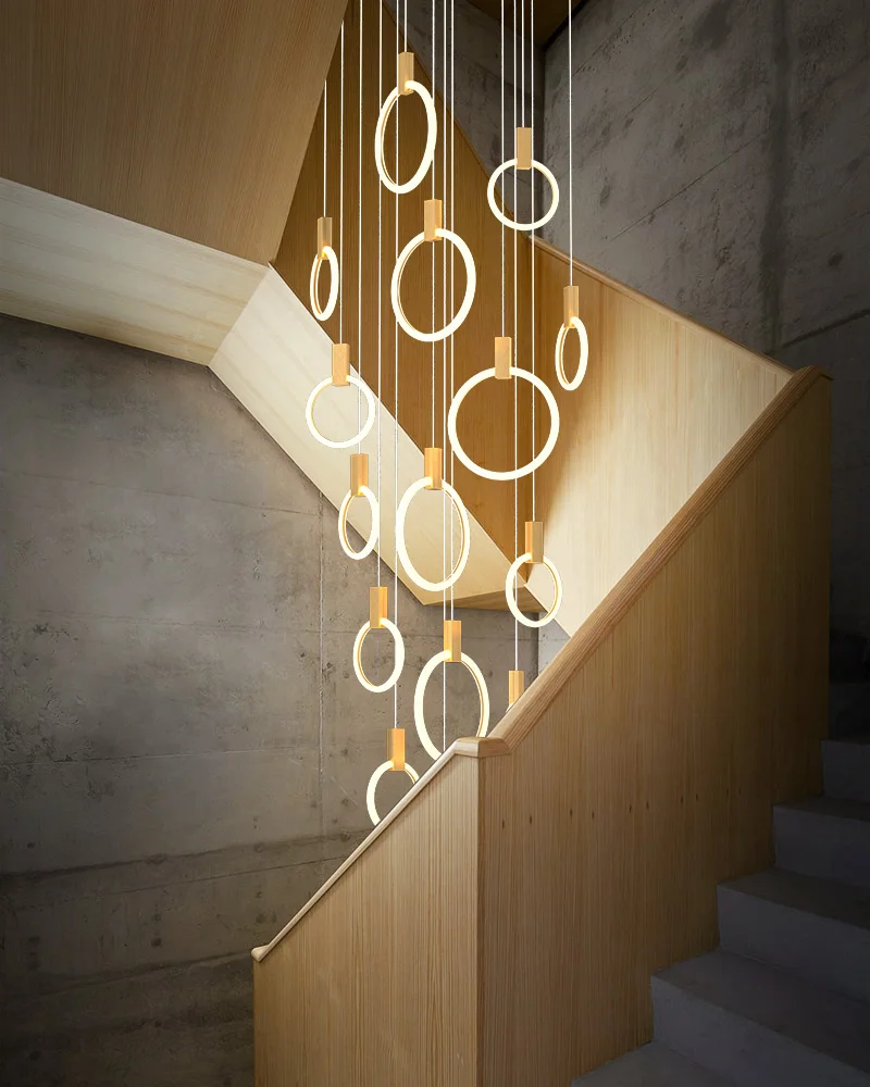 Imagem -02 - Modern Stairs Teto Chandelier Iluminação Led Interior Anel Acrílico Home Decor Lâmpadas Salão Nórdico Luzes Suspensas Preto Dourado