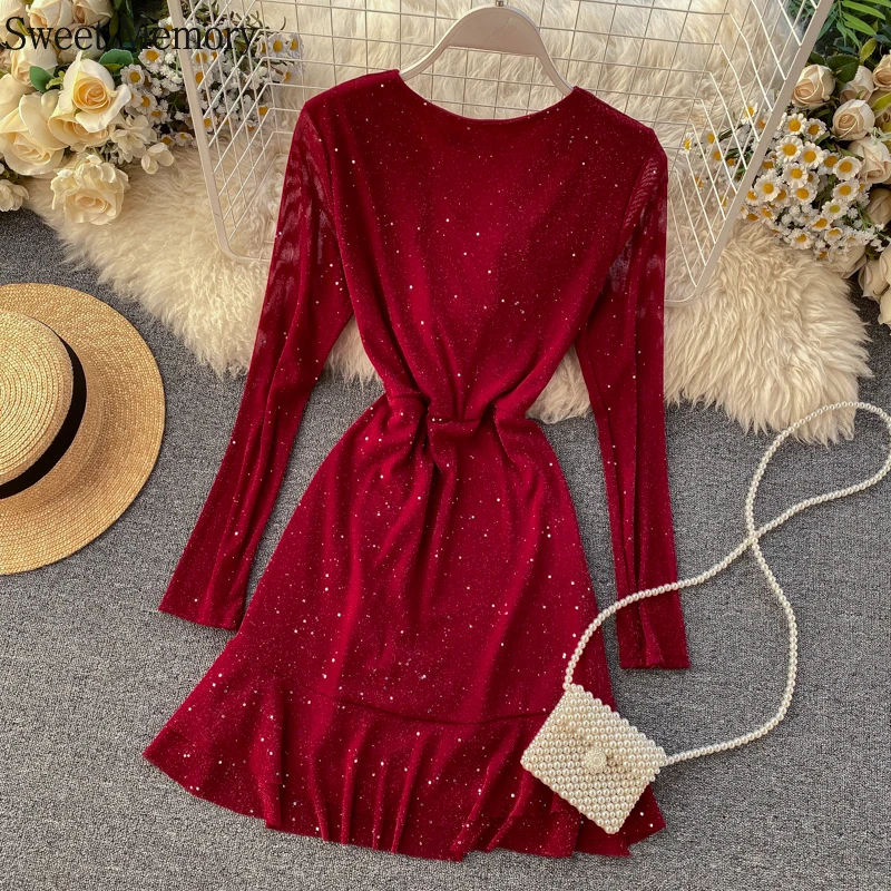 Sweet Memory Black Wine Red Long Sleeve V-Neck Vintage Cocktail Dresses 2021 Women Robes Ruffle Mini Dress Party Vestidos