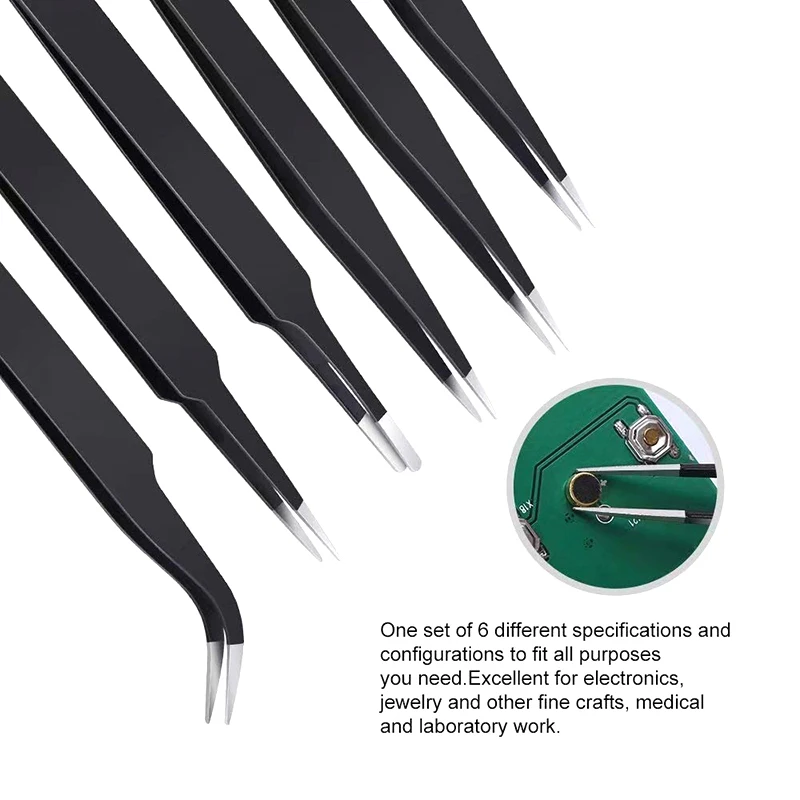 6pcs Anti-static ESD Stainless Steel Tweezers Maintenance Tools Industrial Precision Curved Straight Tweezers Repair Tools Set A