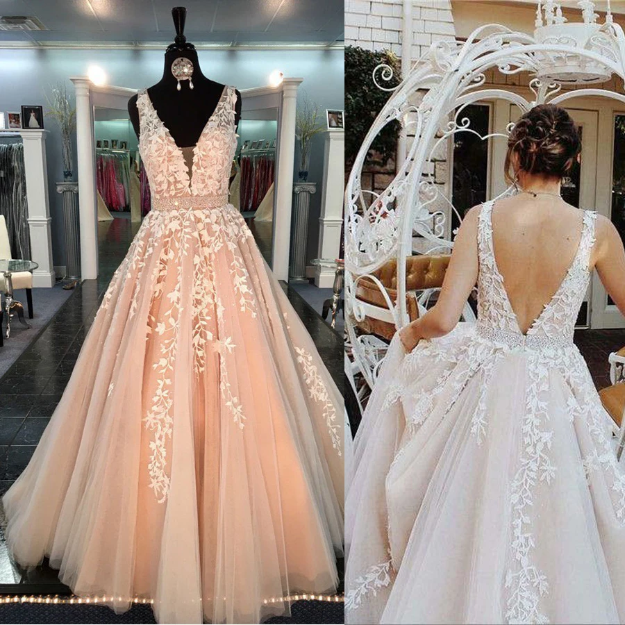 

Chic Beautiful Prom Dresses Long A-line V neck Applique Prom Dress Evening Dresses Beading Sash Peach Formal Dress