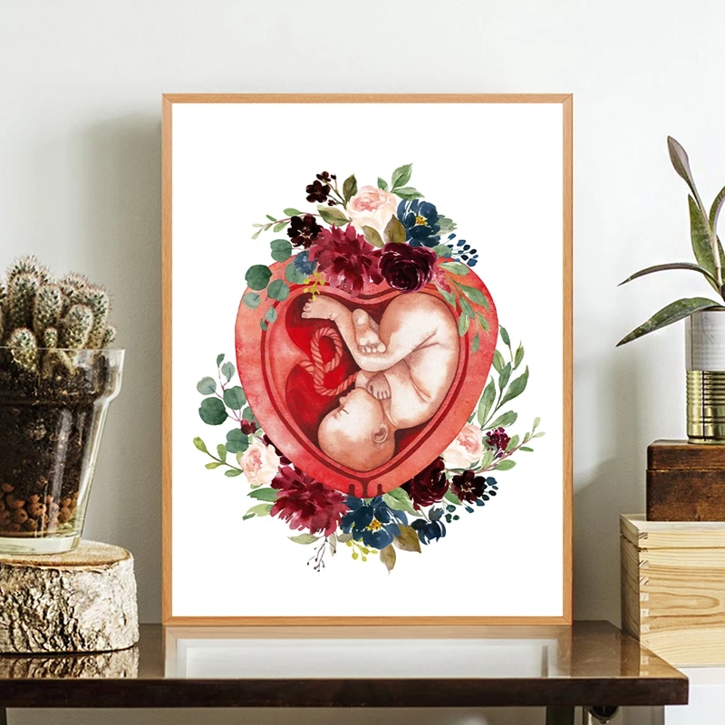 Pregnancy Womb Watercolor Gynecology Wall Art Canvas Painting Anatomy Posters and Prints Midwife Baby Gift Doctor Office Decor