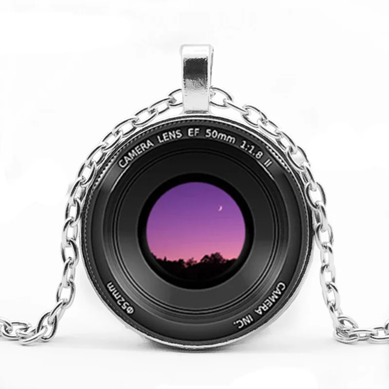 BTWGL Fashion SLR Camera Lens Camera Lens Necklace Three-Color Metal Necklace Round Glass Pendant Handmade Necklace Jewelry