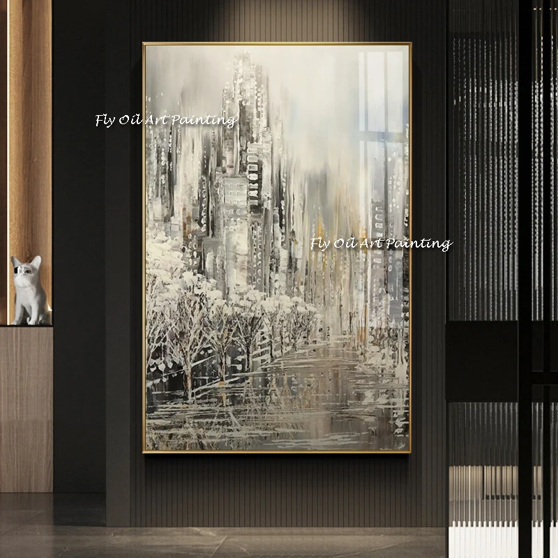 Abstrakte moderne Stadt Winter Schnee Landschaft 100 % handgemachte Ölgemälde auf Leinwand für Wohnzimmer Cuadros Wandkunst Bilder