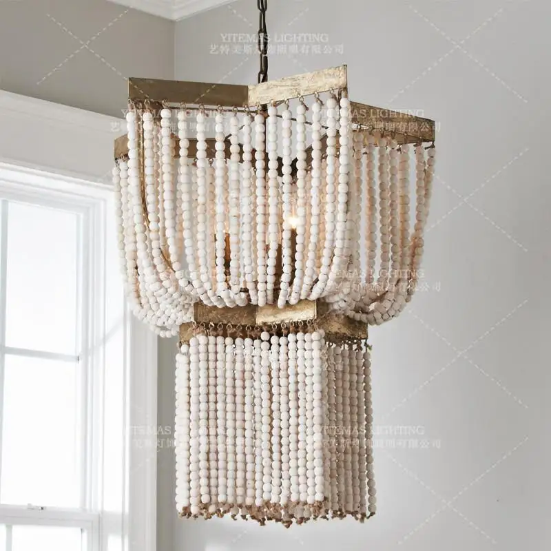 Big Wood Chandelier Beaded Lighting Fringe Vintage Nordic Antique Wood Chandelier Large Kitchen Farmhouse Foyer Bedroom Church