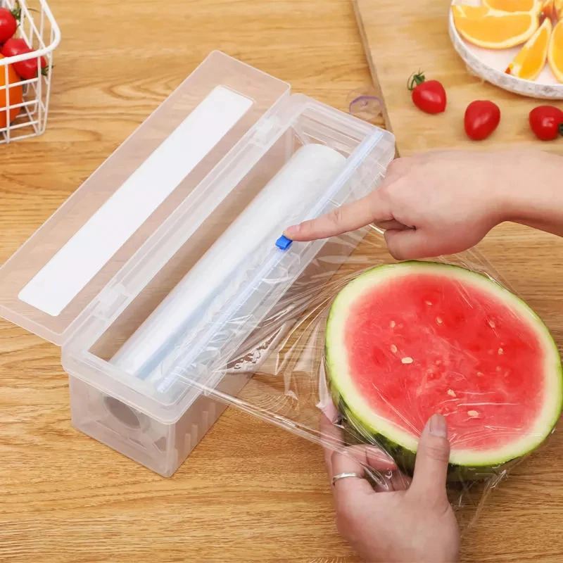 Plastic Food Packaging Machine Kitchen Food Cling Film Plastic Cutter Cling Film Storage Box With Cutter