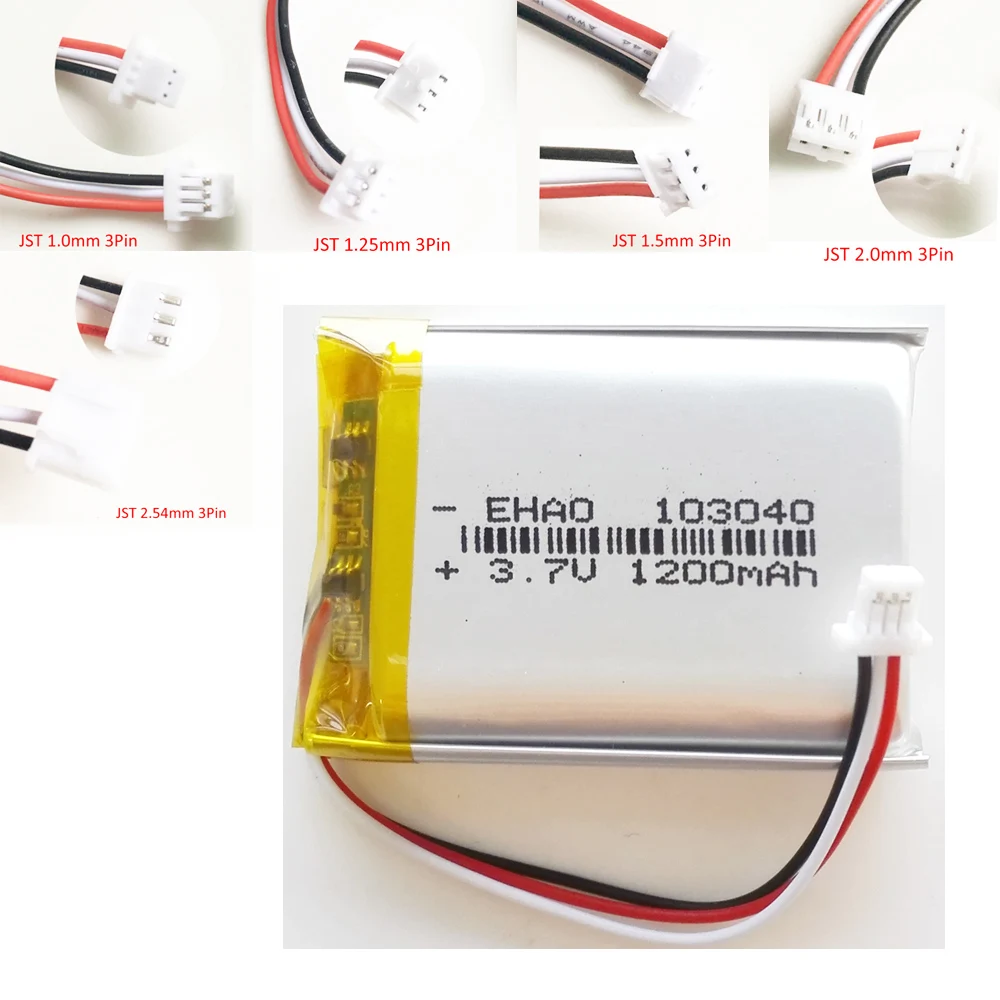 3.7V 1200mAh 103040 Lithium Polymer LiPo Rechargeable Battery + JST 3Pin 1.0/1.25/1.5/2.0/2.54mm plug For MP3 GPS DVD mobile