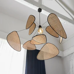 Rattan chandelier Wicker Suspension lamp Screen Cannage Kitchen Wood Bamboo chandelier e27 Creative Leaf Grid Hand designer lamp