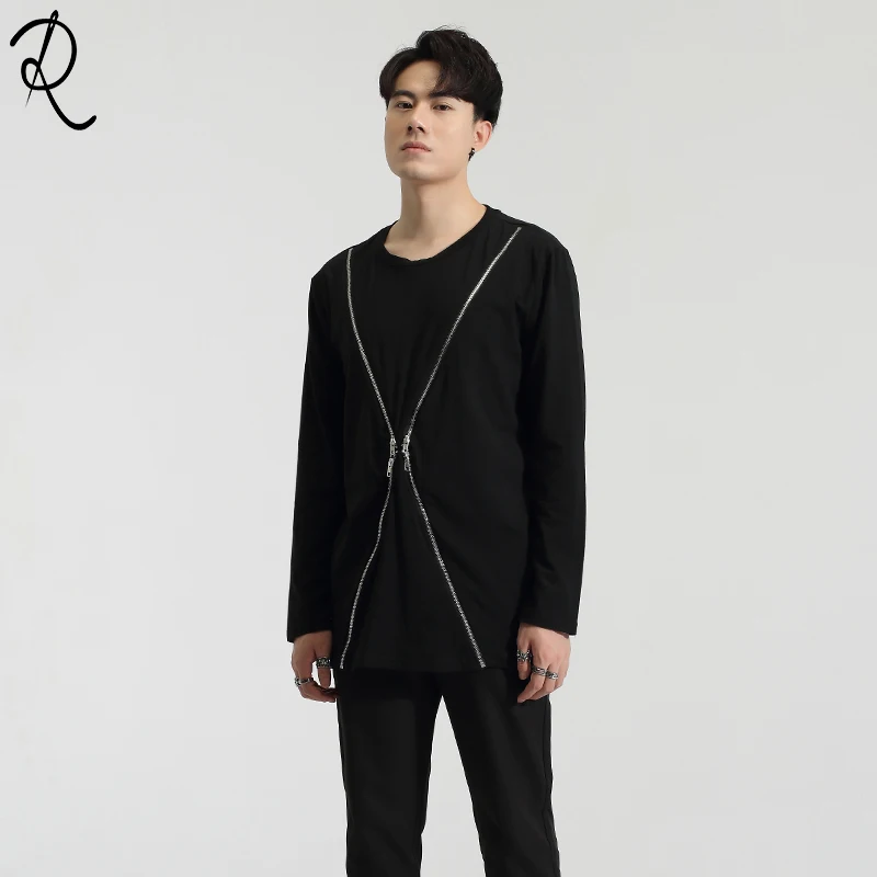 Spring Dark Department of Personality cross-zipper stitching casual casual casual casual casual casual long-sleeved t-shirt men'