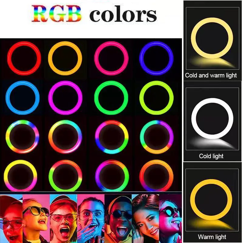 RGB 셀카 LED 링 라이트 비디오 조명, 틱톡 메이크업 링 라이트, 스탠드 삼각대 림 포함, 조도 조절 링 램프, 33cm, 26cm