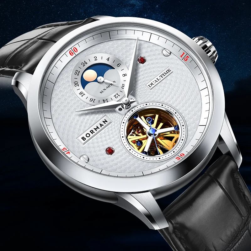 BORMAN Luxury Automatic Men's Watch Mechanical Sapphire Crystal Multi-function Dual Skeleton Design Waterproof Moon Phase BM3870