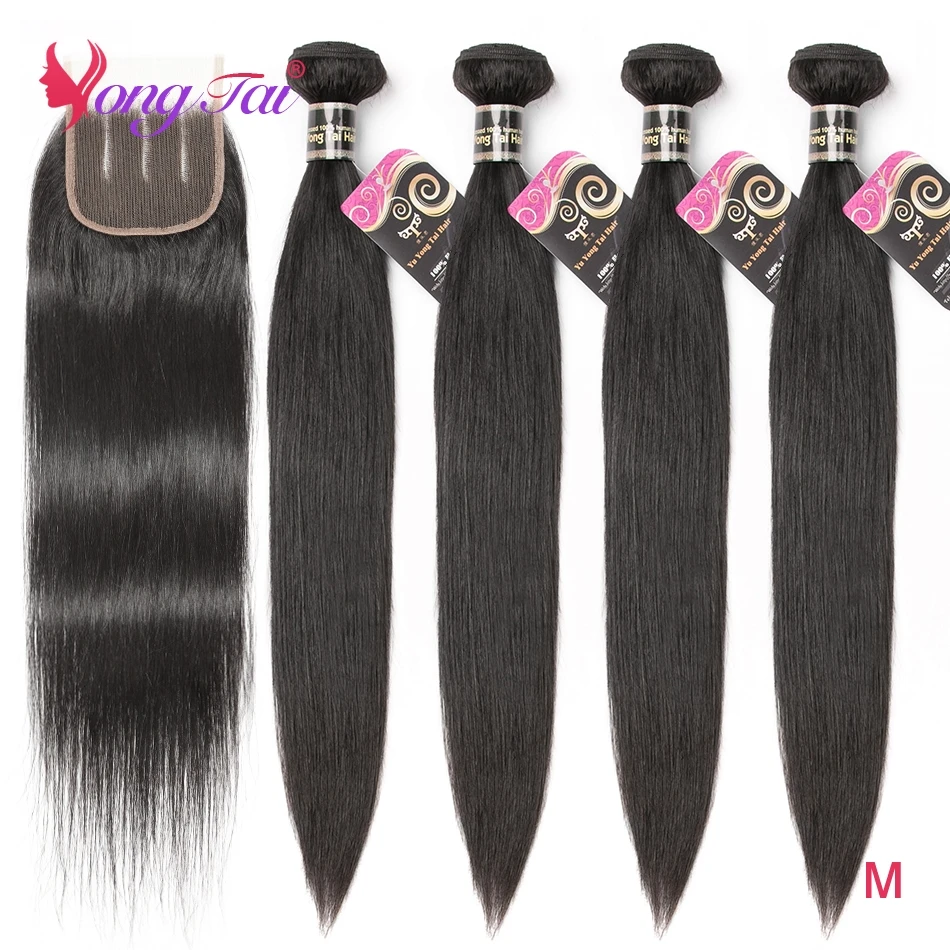 

YuYongtai Brazilian Hair Weave 4 Bundles With Lace Closure Straight Human Hair Extenions Natural Color Cheap Items And Free Ship