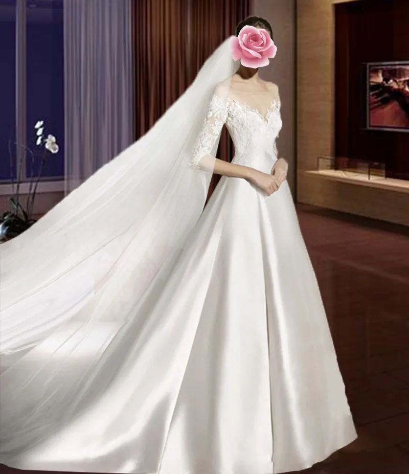 Robe De mariée De ligne A en Satin, haut De gamme, avec des Appliques, traîne à lacets, col transparent, 2021