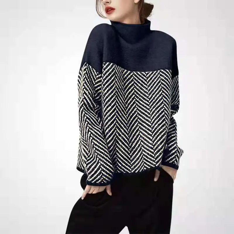 2023 autumn and winter women\'s new knit geometric knit turtleneck sweater pullover flabby sweater multi-color shirt long pullove