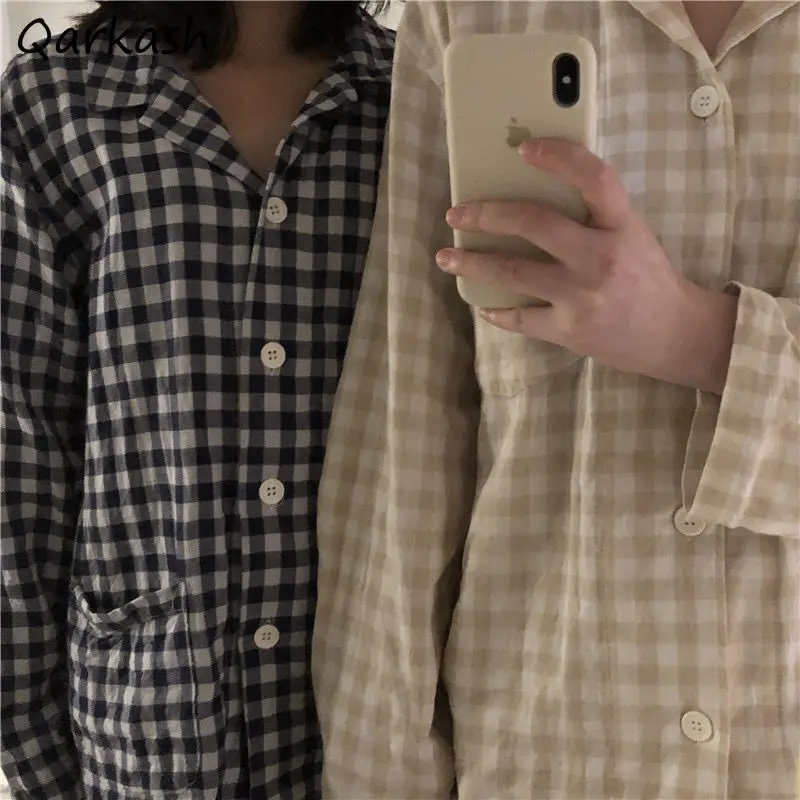 

Pajama Sets Women Plaid Sleepwear Autumn Chic Ins Unisex Japan Style Lounge Ulzzang Turn Down Collar Fashion Female Popular Soft