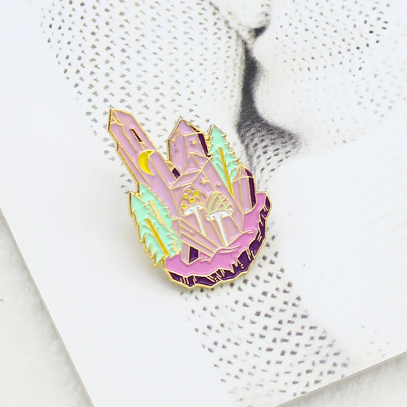 GDHY Forest Purple Pink Crystal Enamel Pin Brooch Crystal column Mushroom Witch Brooches Jewelry Clothes Wholesale Badge image 2