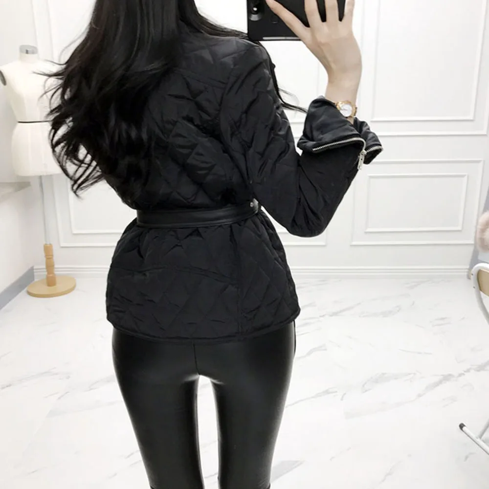 Women Mid-length Slim Warm Winter Jacket New PU Leather Splicing Jackets Korean Style Fashion Diamond Lattice Down Padded Jacket