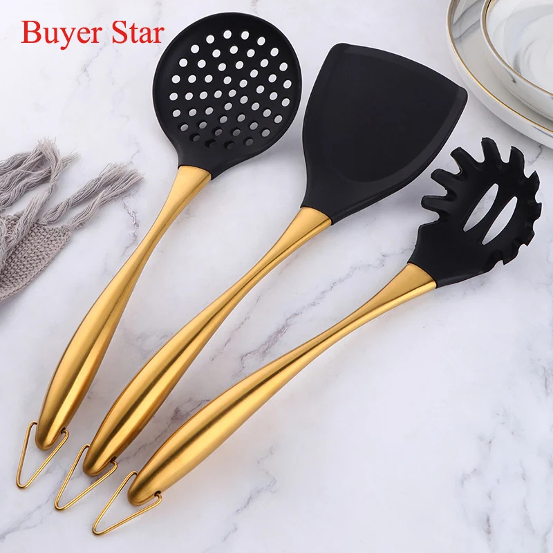 1pc Silicone Cooking Utensil Set Stainless steel Handle Spatula Soup Spoon Ladle Pasta Colander Non-stick Cookware Kitchen Tools