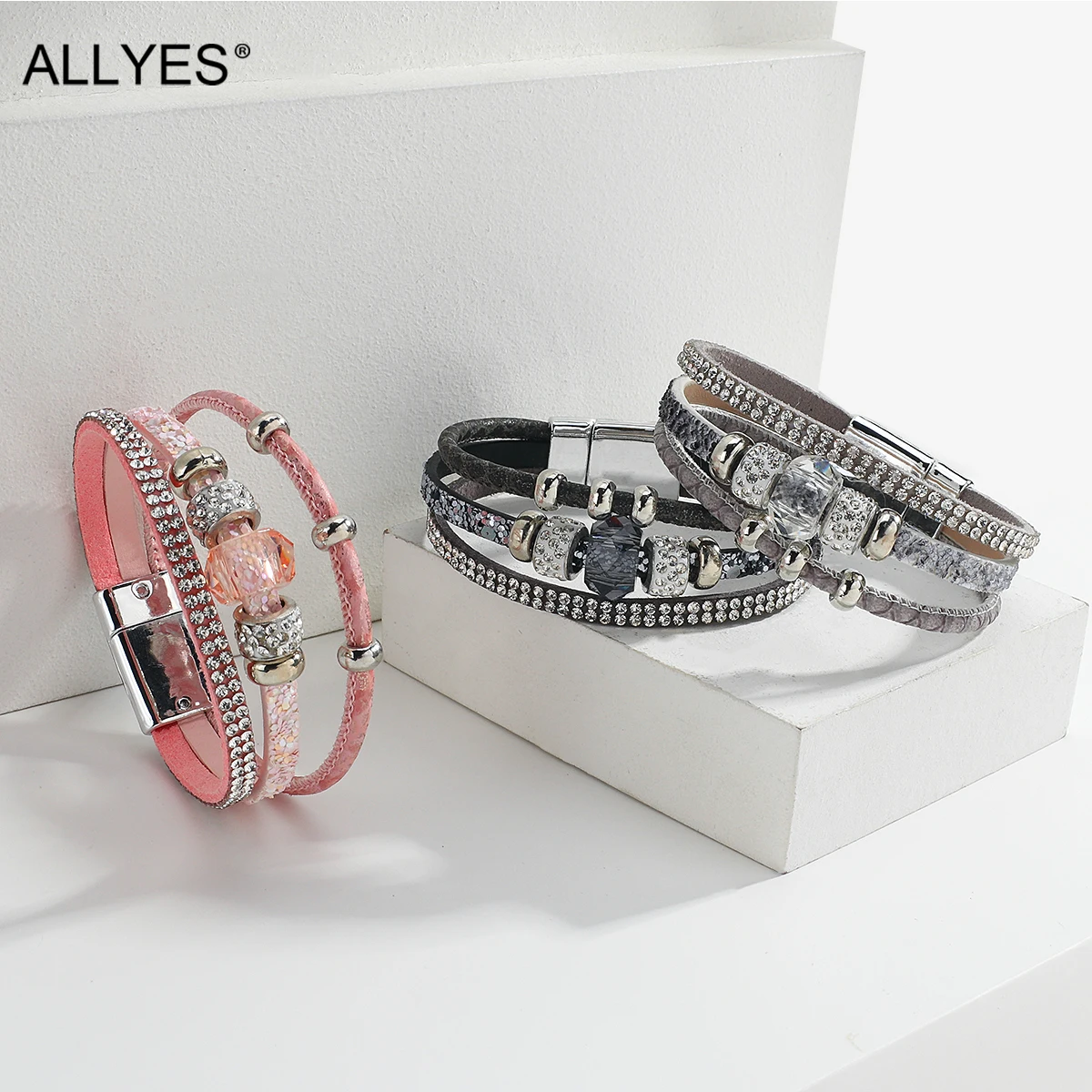 ALLYES Shiny Crystal Beads Charm Multilayers Leather Bracelets for Women Men Rhinestone Wrap Bracelet Statement Jewelry Gifts