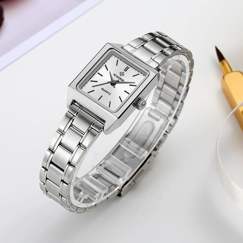 WWOOR Women Small Square Watch Simple Design Luxury Stainless Steel Women Quartz Wristwatch Silver Casual Watches Gift For Women