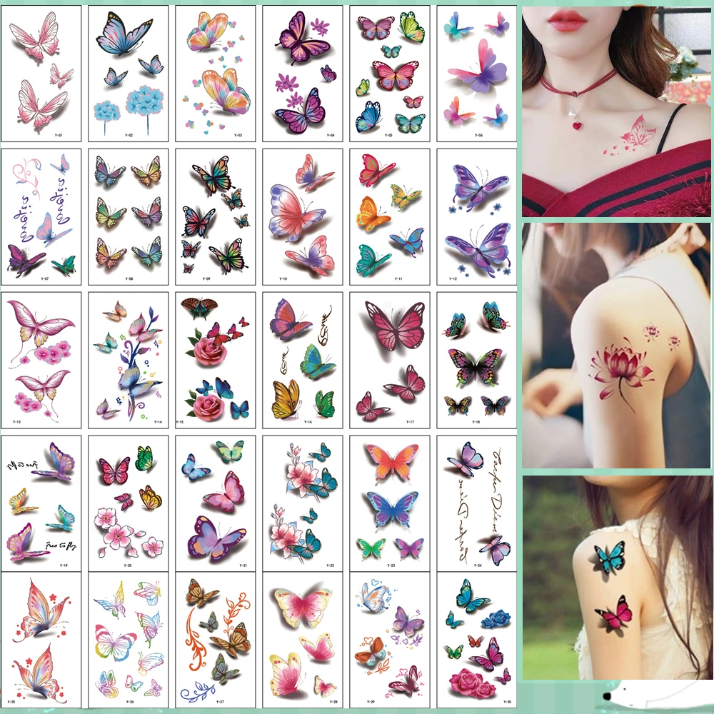 30 sztuk/zestaw tymczasowe naklejki z tatuażami bez powtórzeń wodoodporne ramię obojczyk tatuaże do ciała naklejki jednorazowe motylkowe kwiaty mały Tatto