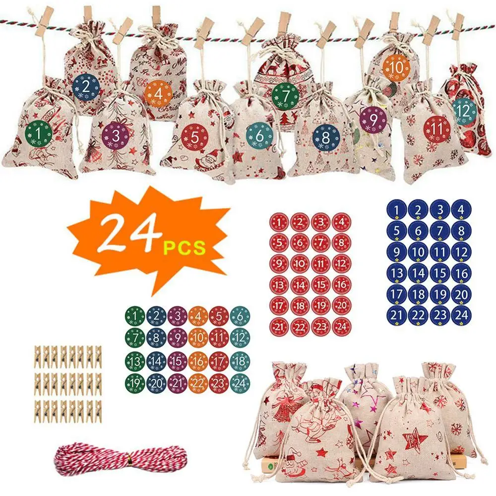 24PCS Advent Calendar Countdown Bag Candy Sack Linen Gift Pouch With Clips Stickers Rope 2021 Christmas Advent Calendar Bags