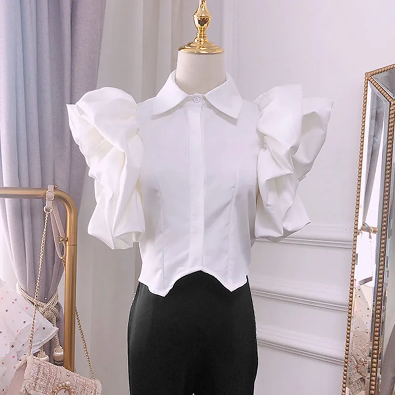 Fashion Vintage Ruffles Women Blouse Lapel Collar Short Sleeve Loose Shirt Female Fashion Clothes 2021 Spring New Shirts