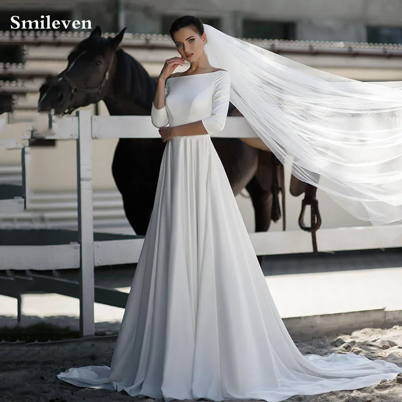 

Smileven Elegant Satin Wedding Dresses 1/2 Long Sleeve Off The Shoulder Bride Gown Backless Wedding Gown Vestido de novia 2021